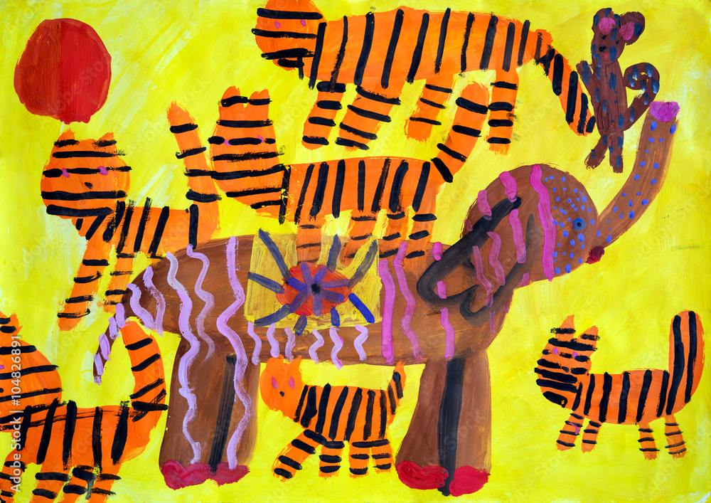 Fototapeta premium Children's drawing a picture painted gouache paints