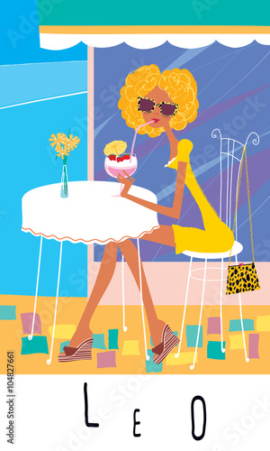A girl drinking strawberry cocktail in cafe open terrace. Leo horoscope