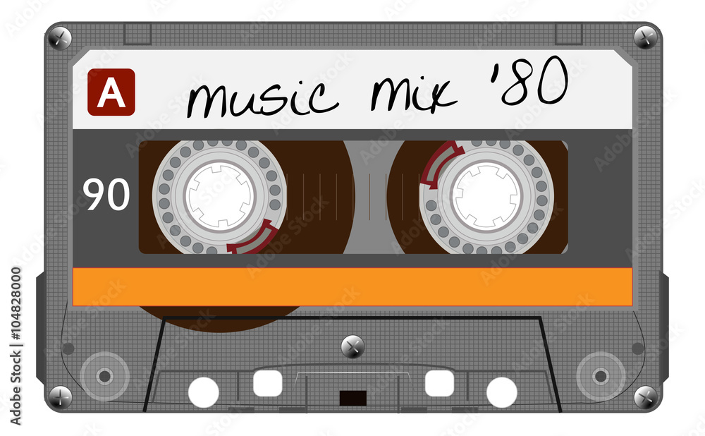Vecteur Stock Vintage transparent plastic audio cassette. Orange musical  cassette tape with text old technology, realistic retro design. vector art  image illustration isolated on white background