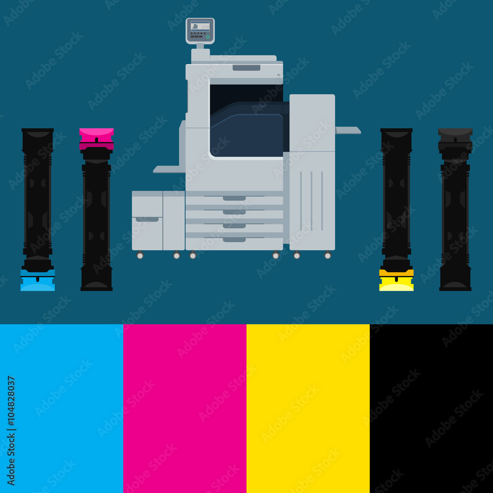 Concept design with digital printer, cartridge and color squares. Vector digital print machine illustration. Polygraph design. Cyan, magenta, yellow and black colors. Info graphics elements. Concept design with digital printer, cartridge and color squares. Vector digital print machine illustration. Polygraph design. Cyan, magenta, yellow and black colors. Info graphics elements.