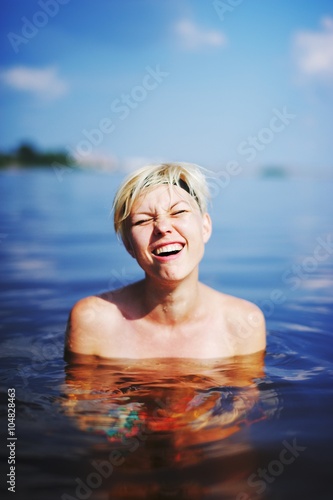 girl in cold water sea shoked
