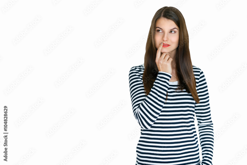 Attractive young woman deep in her thoughts, on white background Attractive young woman deep in her thoughts, on white background