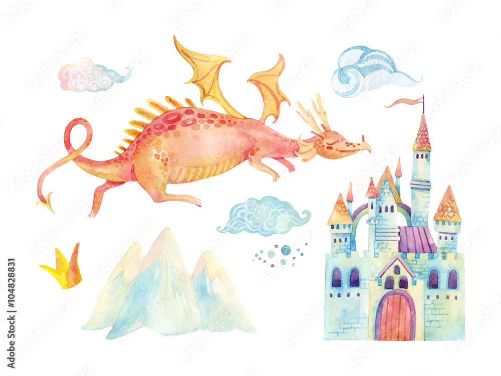 Obraz Akwarela baśń kolekcja z ładny smok, magiczny zamek, góry i bajki chmury