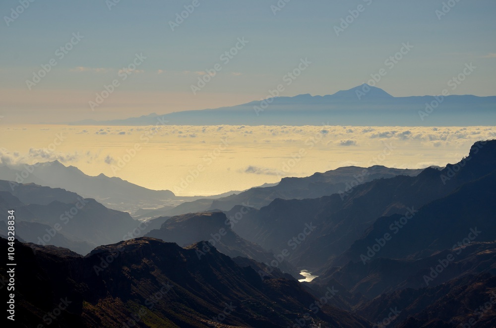 Silhouettes of mountains and Tenerife island in background, Canary islands