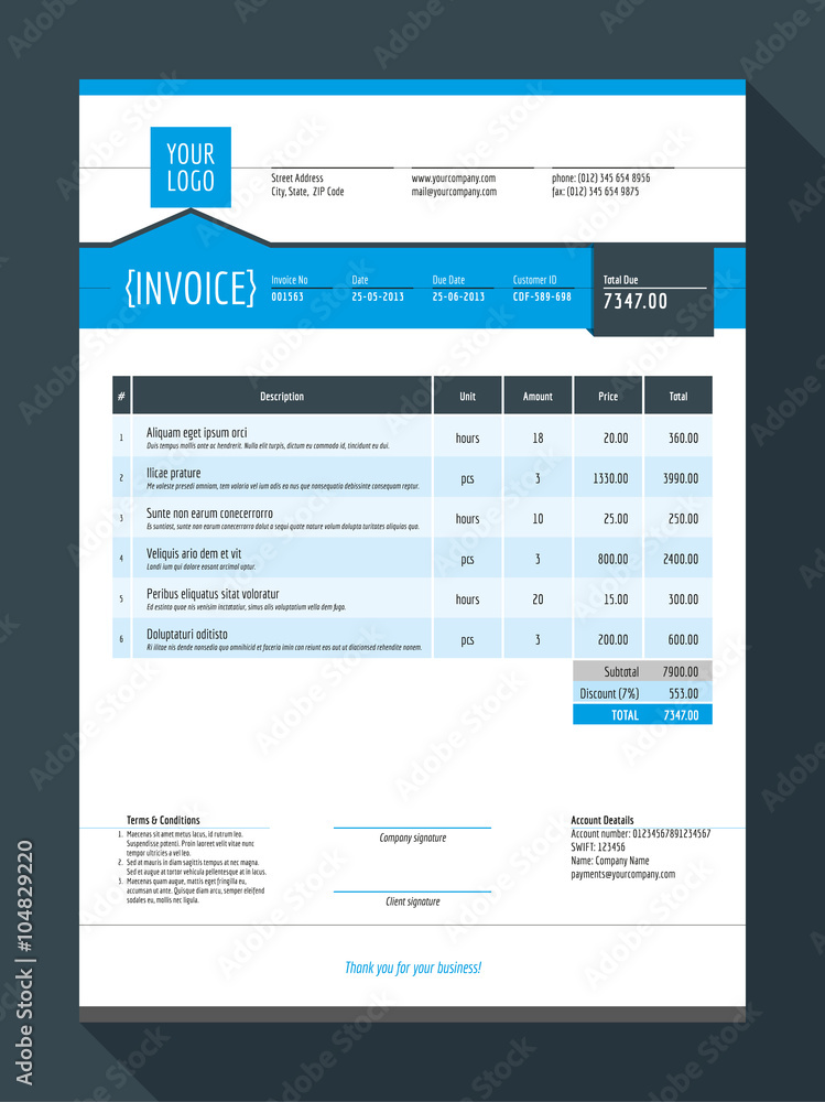 Vector Customizable Invoice Form Template Design. Vector Illustration