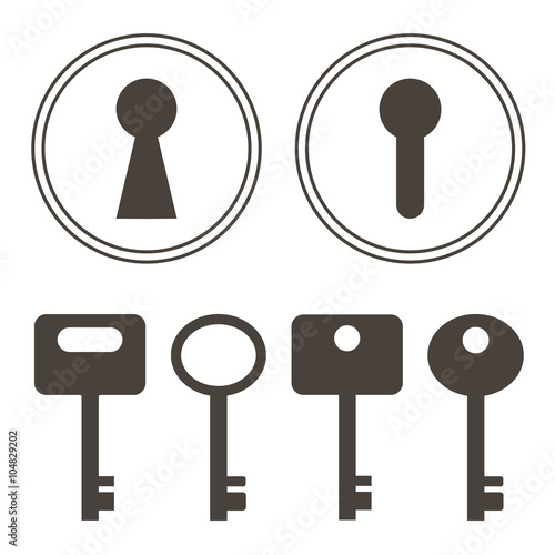 Keys and keyhole silhouettes set isolated on white background.