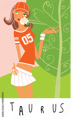Taurus horoscope sign. Girl smelling a flower