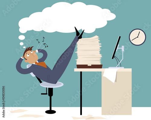 Procrastinating man sitting in the office with his legs up on a pile of papers, whistling and daydreaming, EPS 8 vector illustration