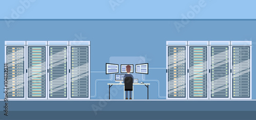 Man Working Data Center Technical Room Hosting Server Database