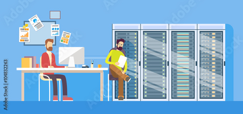People Working Data Center Technical Worker Man Administrator Sitting Desk Hosting