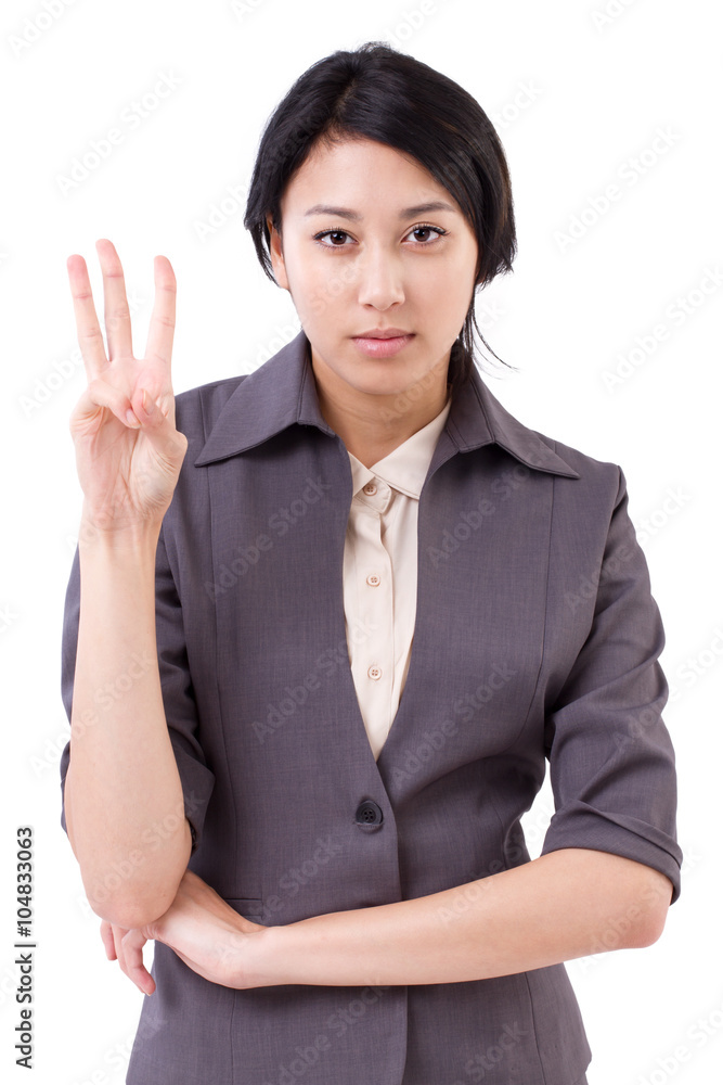 confident businesswoman pointing up 3 fingers gesture confident businesswoman pointing up 3 fingers gesture