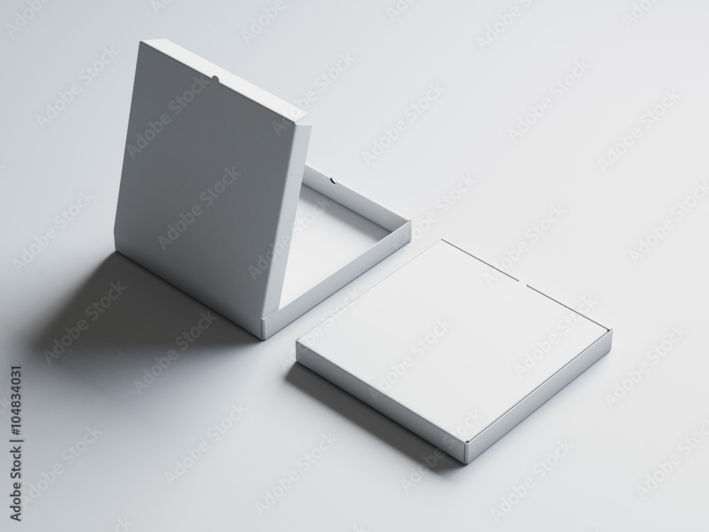 Two blank open pizza paper box isolated on white background. Horizontal mockup. 3d render Two blank open pizza paper box isolated on white background. Horizontal mockup. 3d render