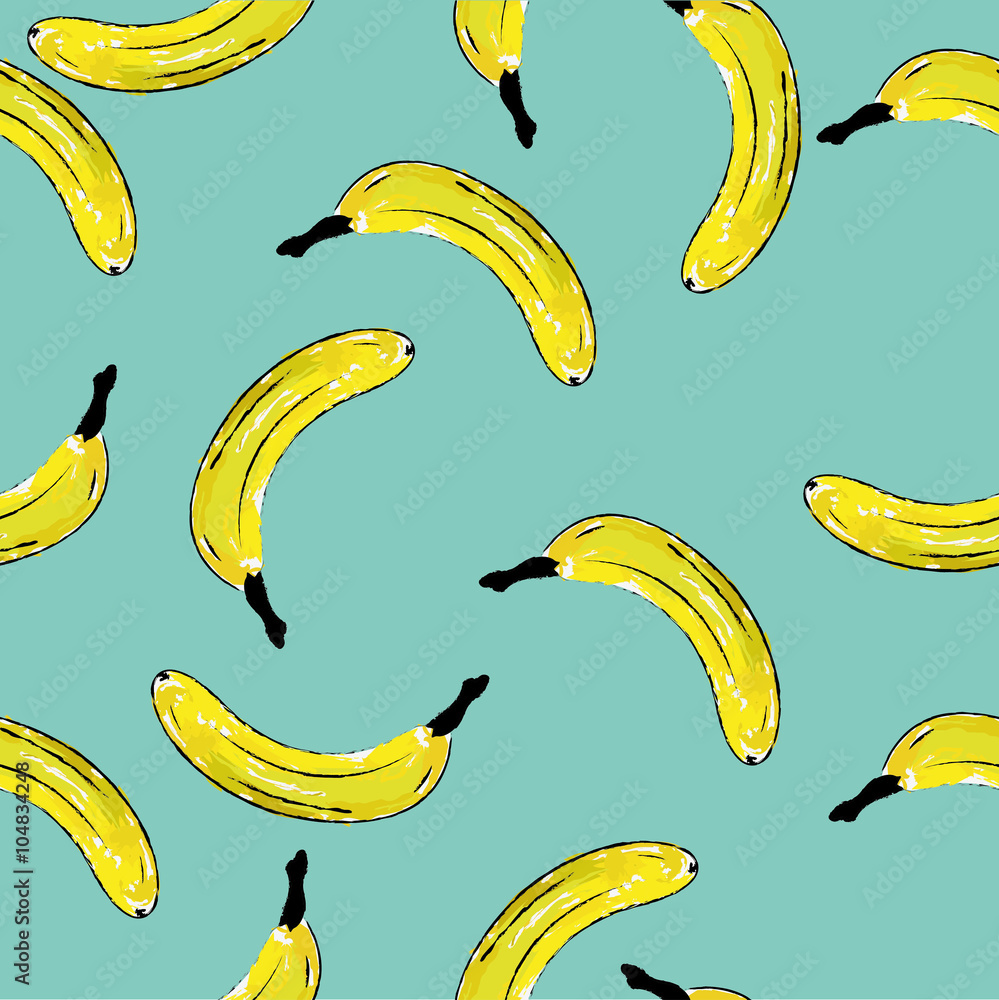 Seamless background with watercolor banana. Tropical pattern with fresh banana vector background. Yellow isolated bananas. EPS8