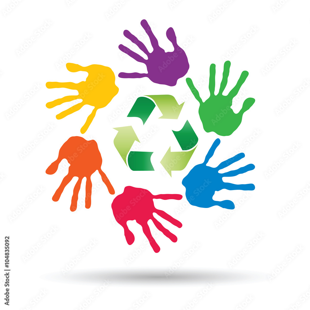 Vector concept circle of hands, green recycle symbol Vector concept circle of hands, green recycle symbol