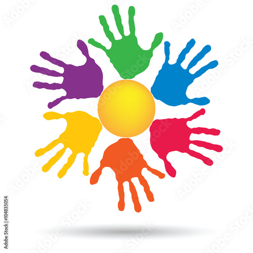 Vector concept circle of hands, yellow sun symbol
