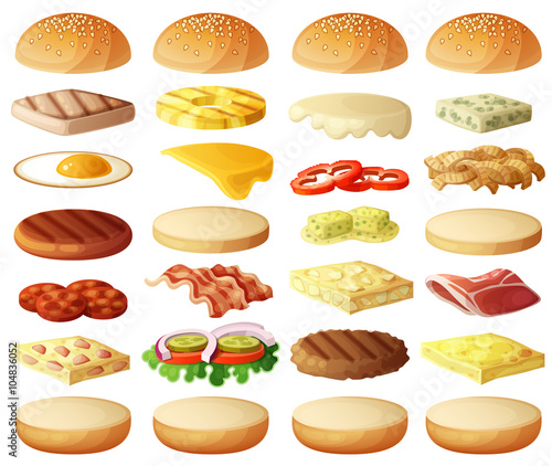 Burgers set. Ingredients: buns, cheese, bacon, tomato, onion, lettuce, cucumbers, pickle onions, beefs, ham. Vector icons isolated on white background