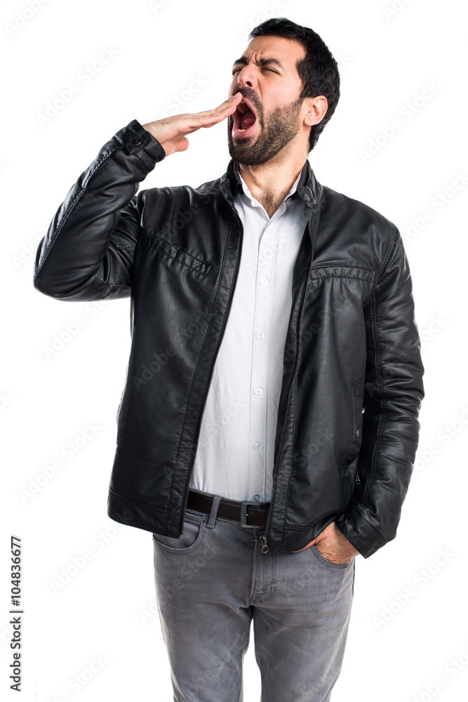 Fototapeta premium Man with leather jacket yawning