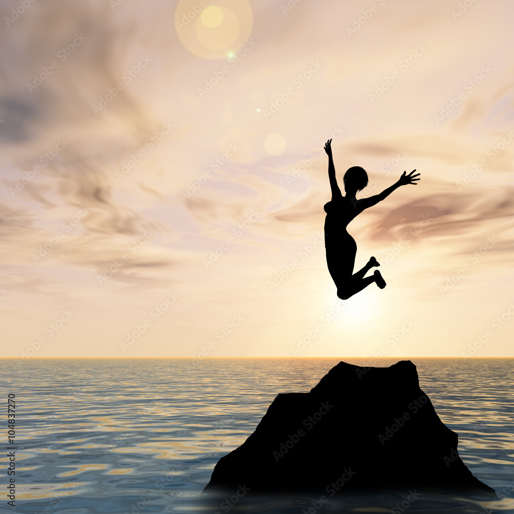 Conceptual woman silhouette jumping at sunset