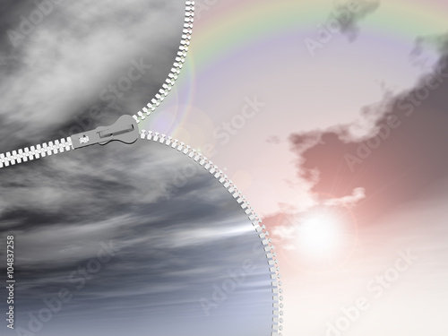 Conceptual 3D zipper from dark cloudy sky to a rainbow one