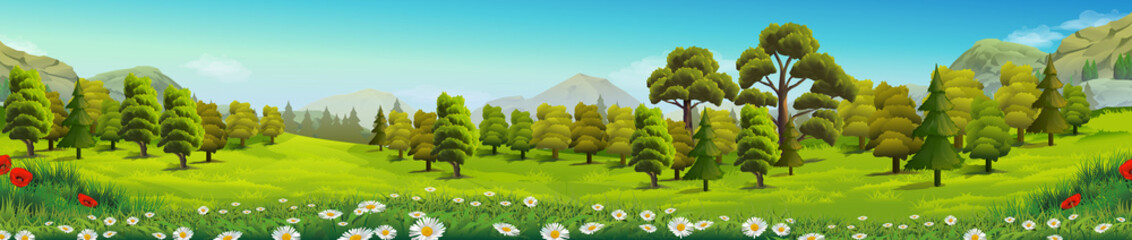 Leinwandbilder Pistache Meadow and forest, nature landscape, vector background  © Natis