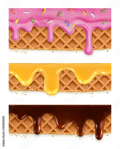 Waffles chocolate, honey, glaze, vector seamless horizontal patterns