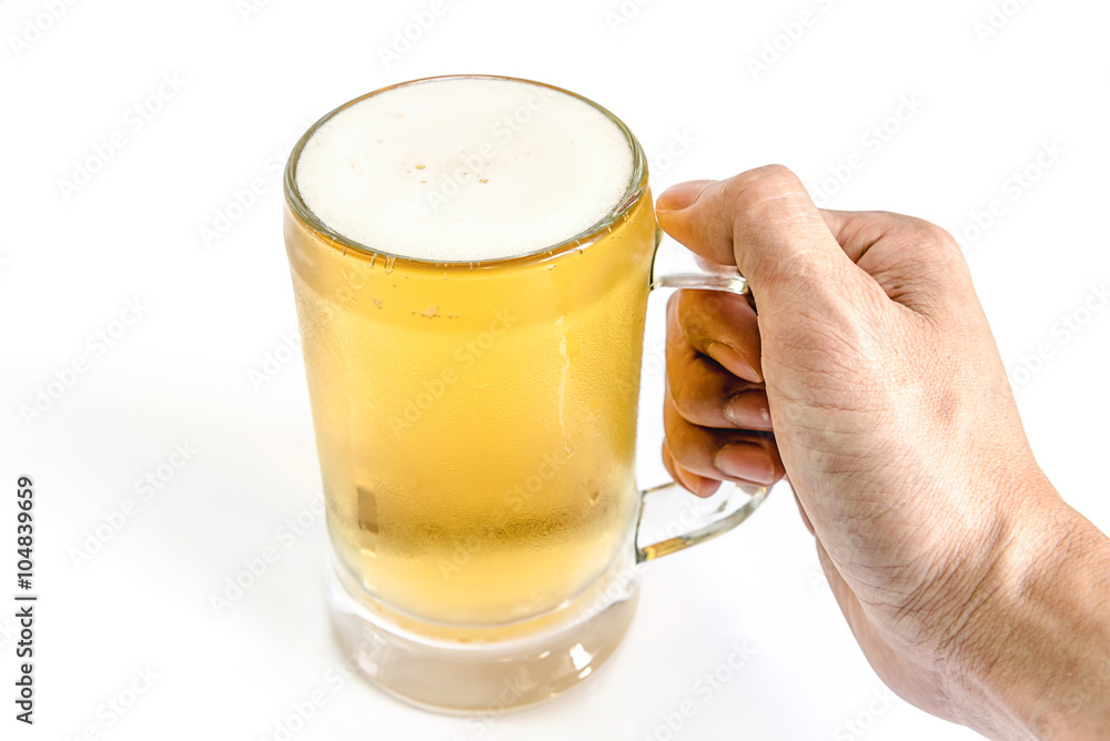 Fototapeta premium man hand holdin frosty glass of light beer for drinking on a white background