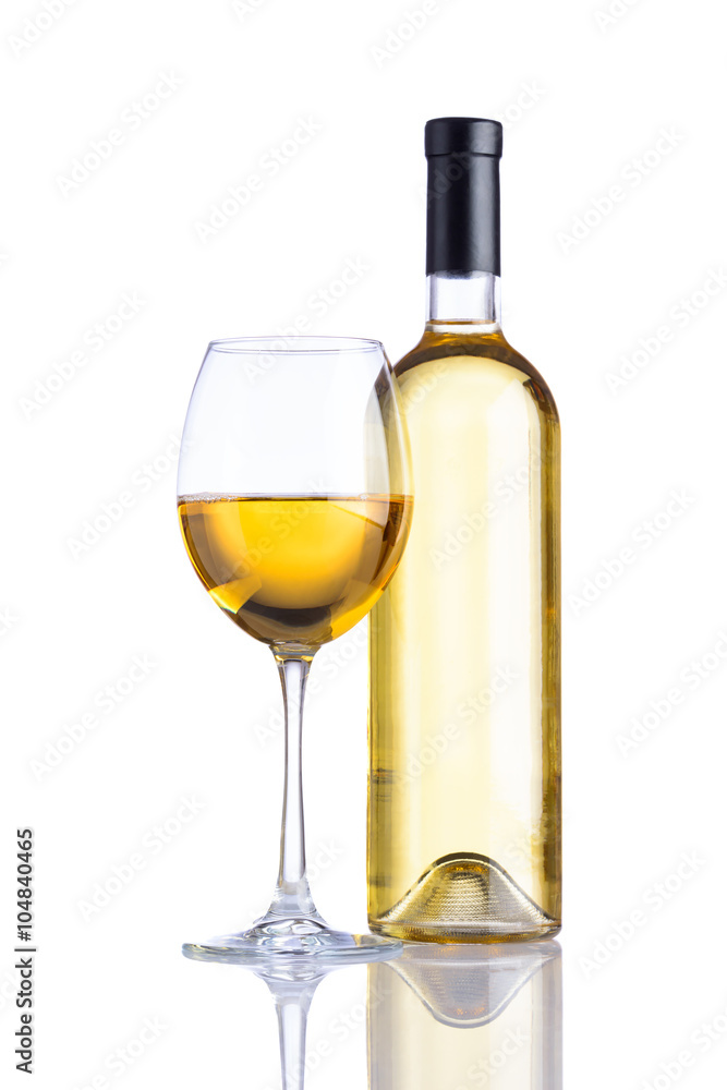 Bottle and Glass White Wine on White Background