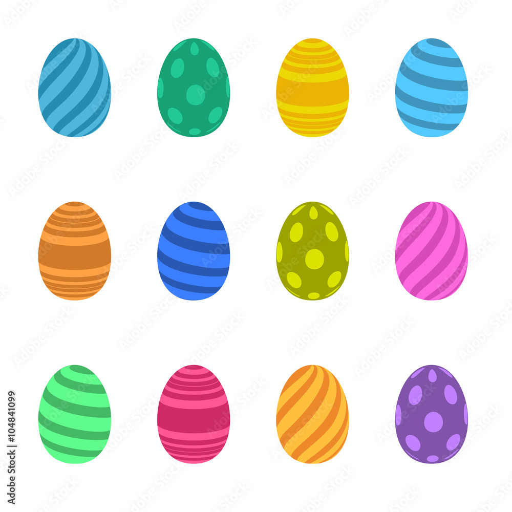 Set of colorful dots and stripes eggs, isolated on white background.