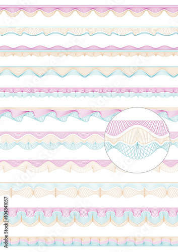 Set of colorful seamless guilloche vector borders for money design, voucher, currency, gift certificate, coupon, banknote, diploma, check and note.