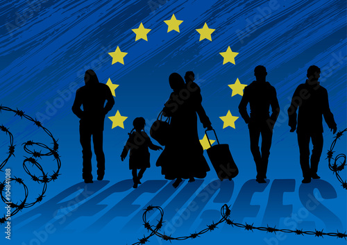Refugees men and women with children. Woman walking barefoot, laden with heavy bags and children. Men go next and to no help to her.