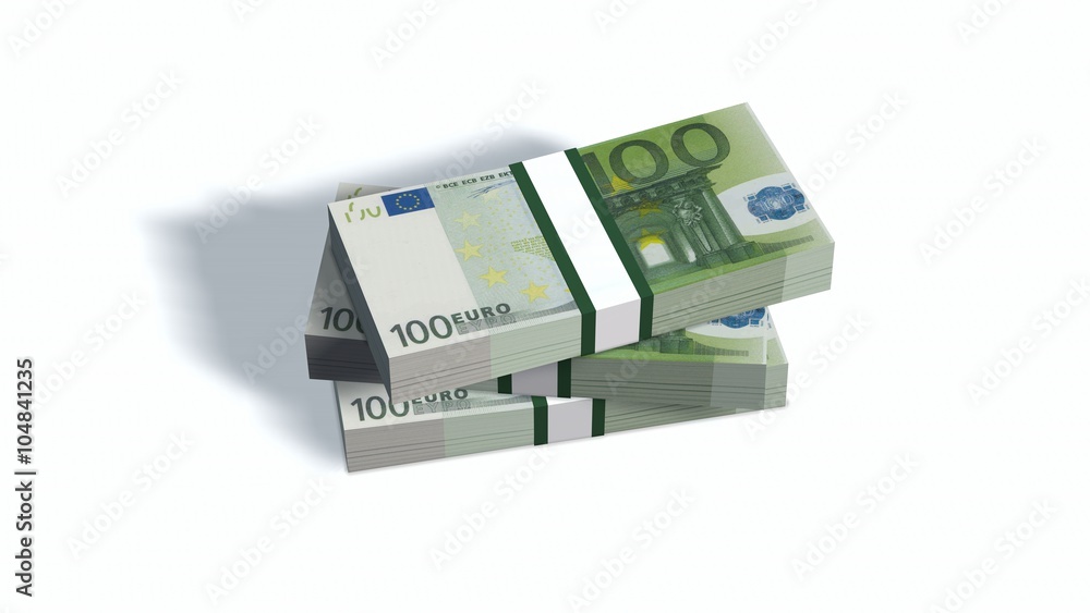 100 Euro bills packs with bank wrapper isolated on white 100 Euro bills packs with bank wrapper isolated on white