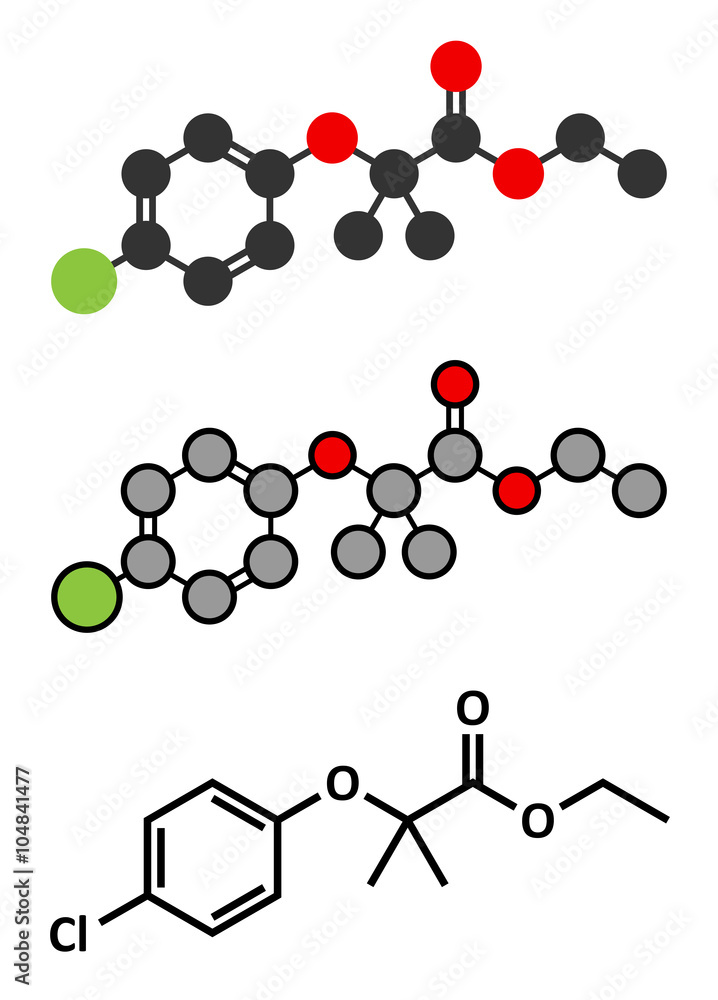 Clofibrate hyperlipidemia drug molecule (fibrate class).
