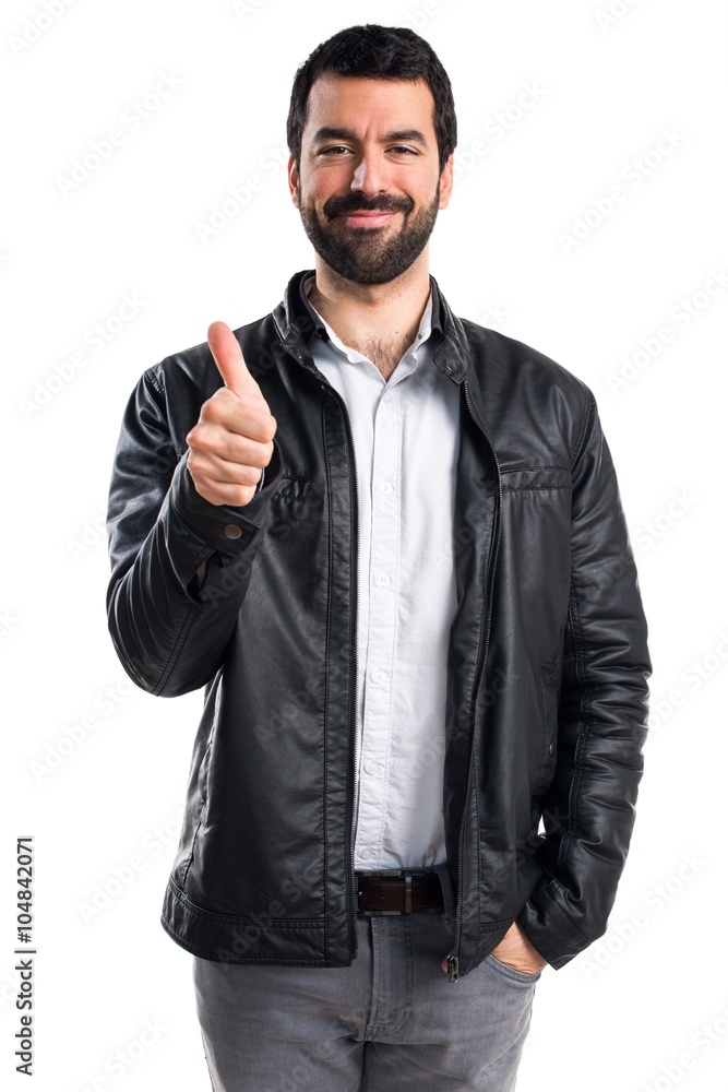 Man with leather jacket with thumb up Man with leather jacket with thumb up