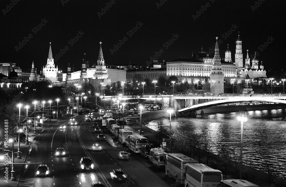 Moscow Kremlin at night. Black and white photo.