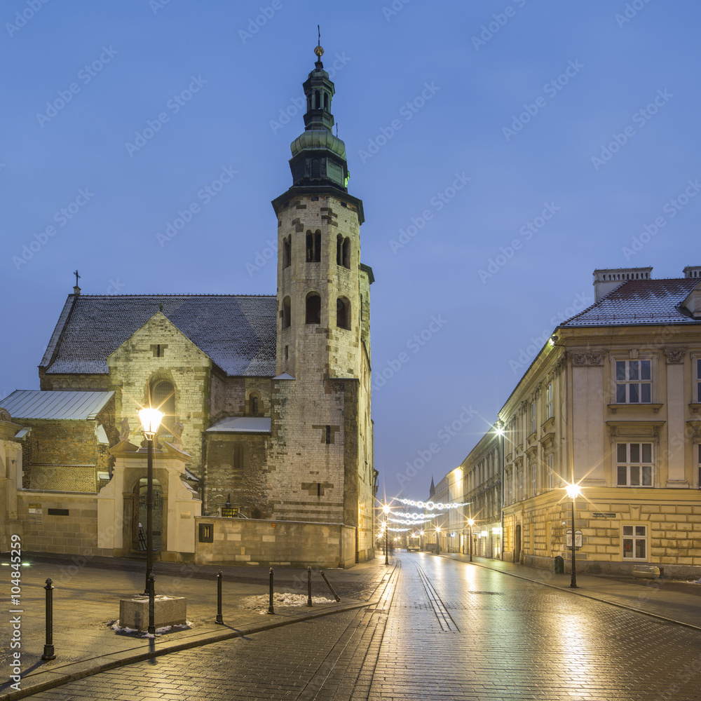 old church with street lights in Krakow in Poland