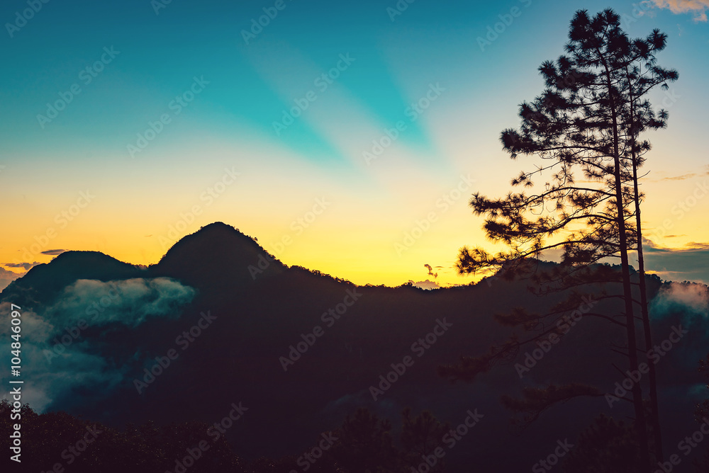 Sunset with great smoky mountains, sunset with layers of mountain background, chiang mai, thailand
