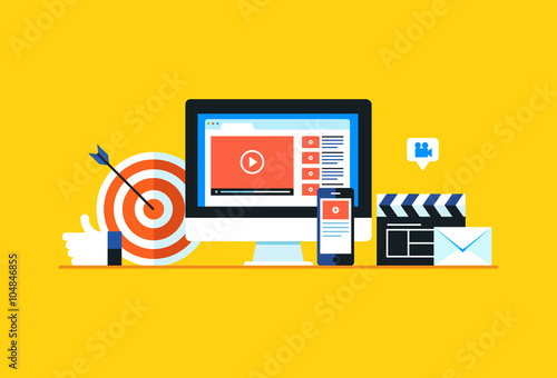 Video marketing, Online video. Flat design modern vector illustration concept.