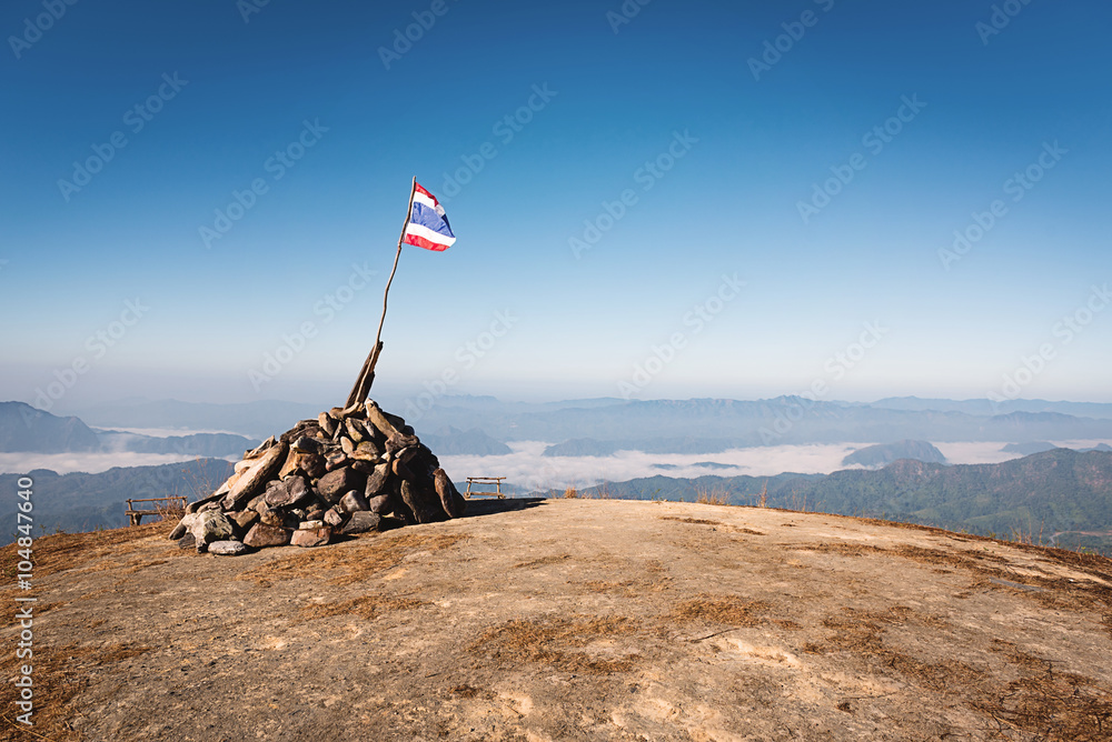 Thai flag on the top of the hill at Doi Tu Lay (Mon Tu Lay) , Tak province Thailand