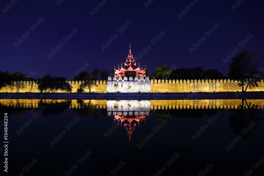 Fort or Royal Palace in Mandalay at night