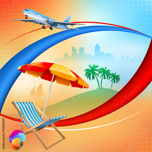 Travel design template with sunbed and umbrella in front of exotic view where a transport plane is about to land and in the background a distant city and exotic scene 

