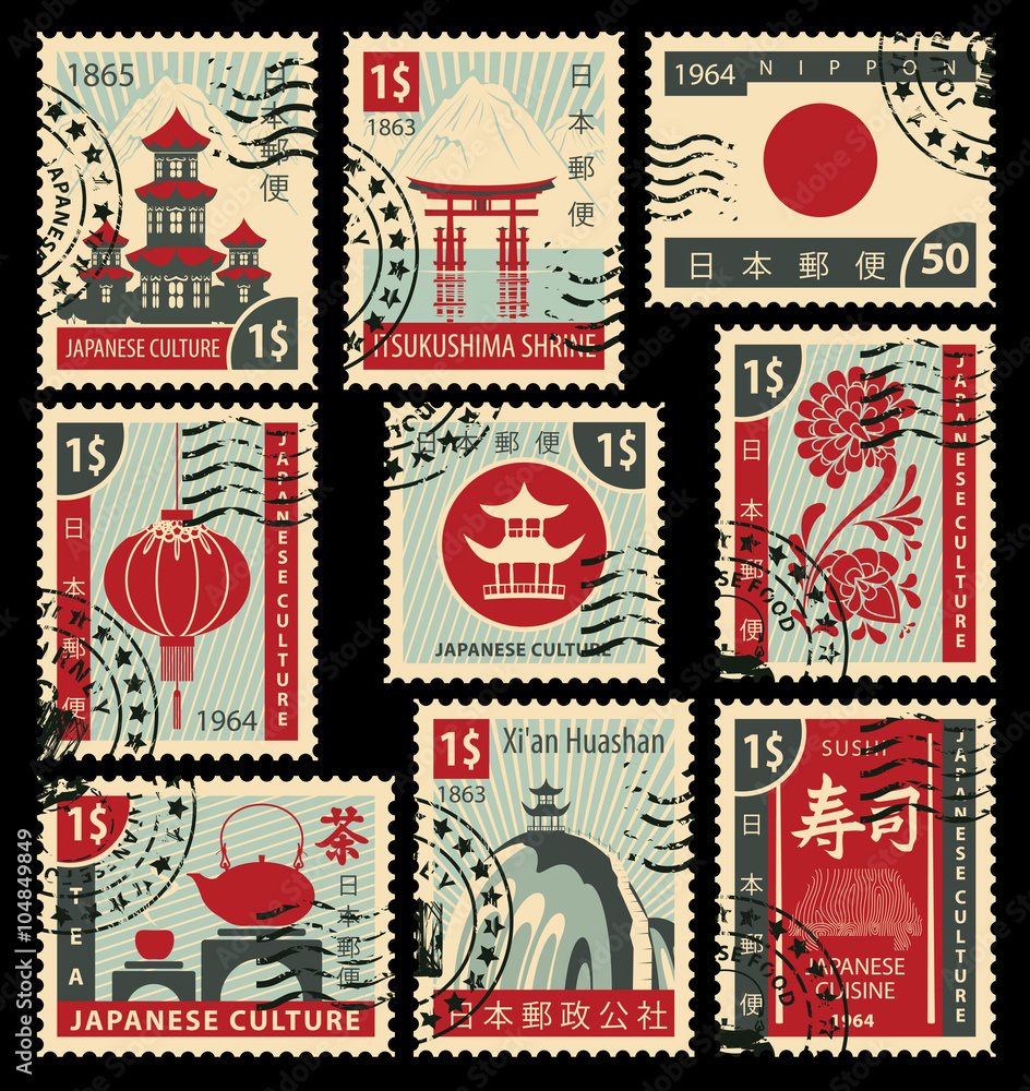 Naklejka premium set of postage stamps on the theme of Japanese culture. Hieroglyph Japan Post, Sushi, Tea