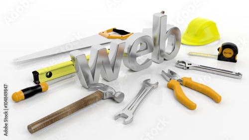 Various hand tools with 3D word Web, isolated on white background.