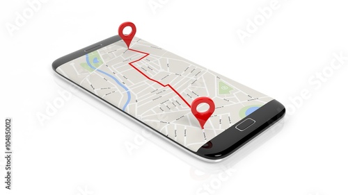 Map with two red pointers marking route set on smartphone screen, isolated on white