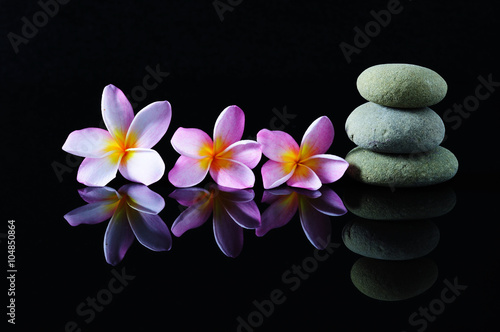 Spa, beauty and wellness concept - Stacked of Zen stones and frangipani flowers and reflection with dark background.