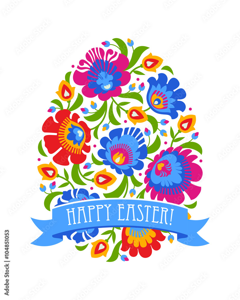 Naklejka premium Happy Easter egg made with folk colorful flowers