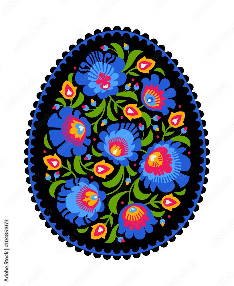 Fototapeta premium Happy Easter egg made with folk colorful flowers