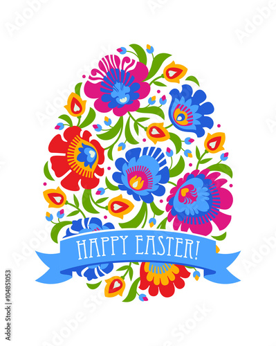 Happy Easter egg made with folk colorful flowers