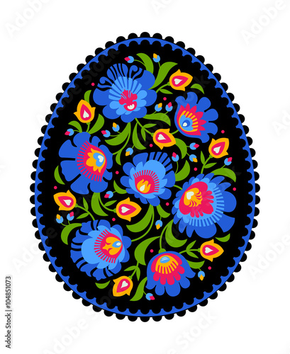 Happy Easter egg made with folk colorful flowers