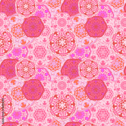 Gypsy seamless pattern of abstract multicolored round mandalas. Ethnic background