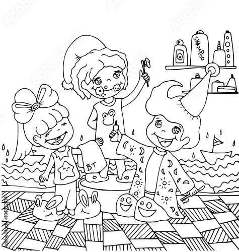 children in the bathtub watching your hygiene hand drawn outline for coloring isolated on the white background photo